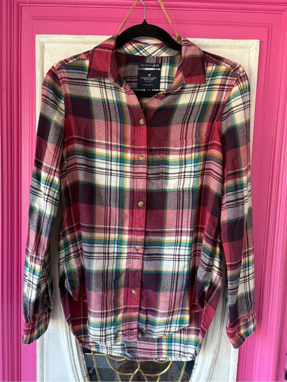 American Eagle Outfitters Burgundy Plaid Button-Down Shirt
